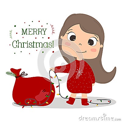 Cute little girl with fairy light cartoon illustration. Cartoon Illustration